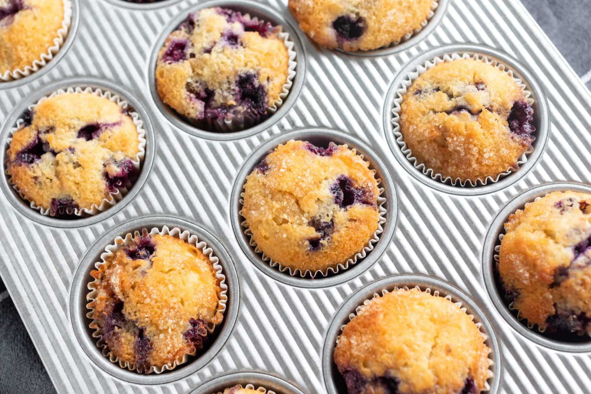 Blueberry Lemon muffins fresh out of the oven in corrugated muffin tin 