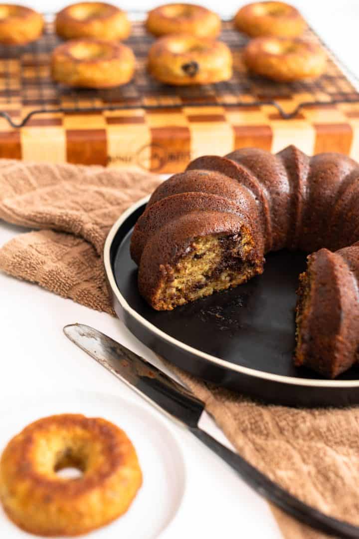 Chocolate Chunk Banana Bread served as a bundt cake and donuts ready to eat!