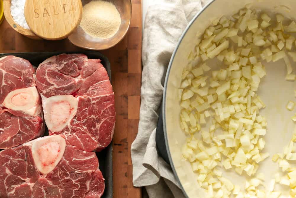 Beef Noodle Soup Recipe Step: sauté diced onions then season beef shanks