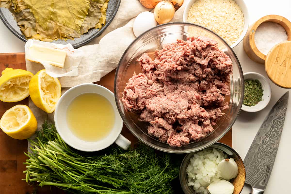 Greek Dolmades Filling Ingredients: Ground beef, diced onion, dill, sea salt flakes, basmati rice, grape leaves, mint, and lemon juice