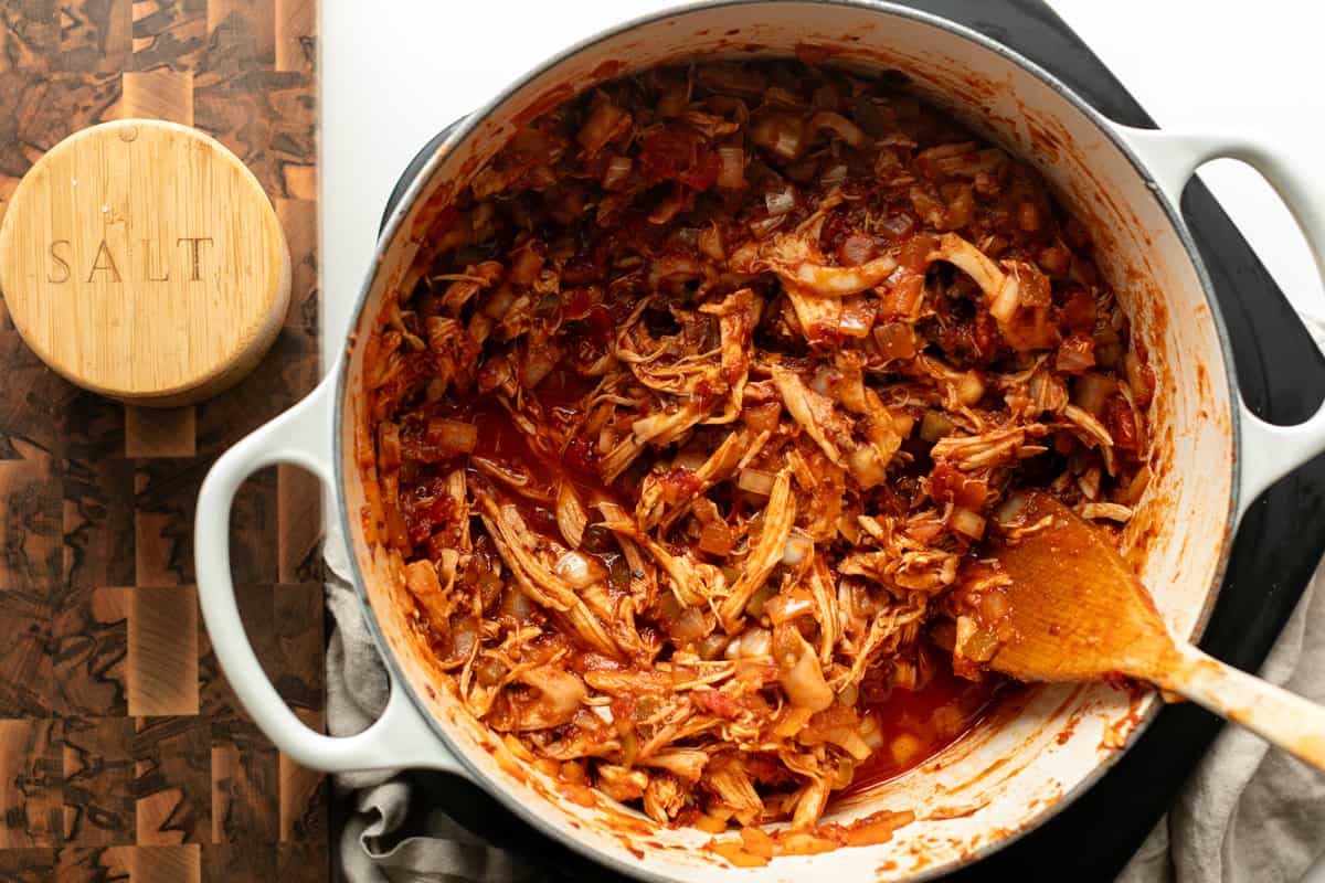 Spicy Chicken Tinga in a large pot 